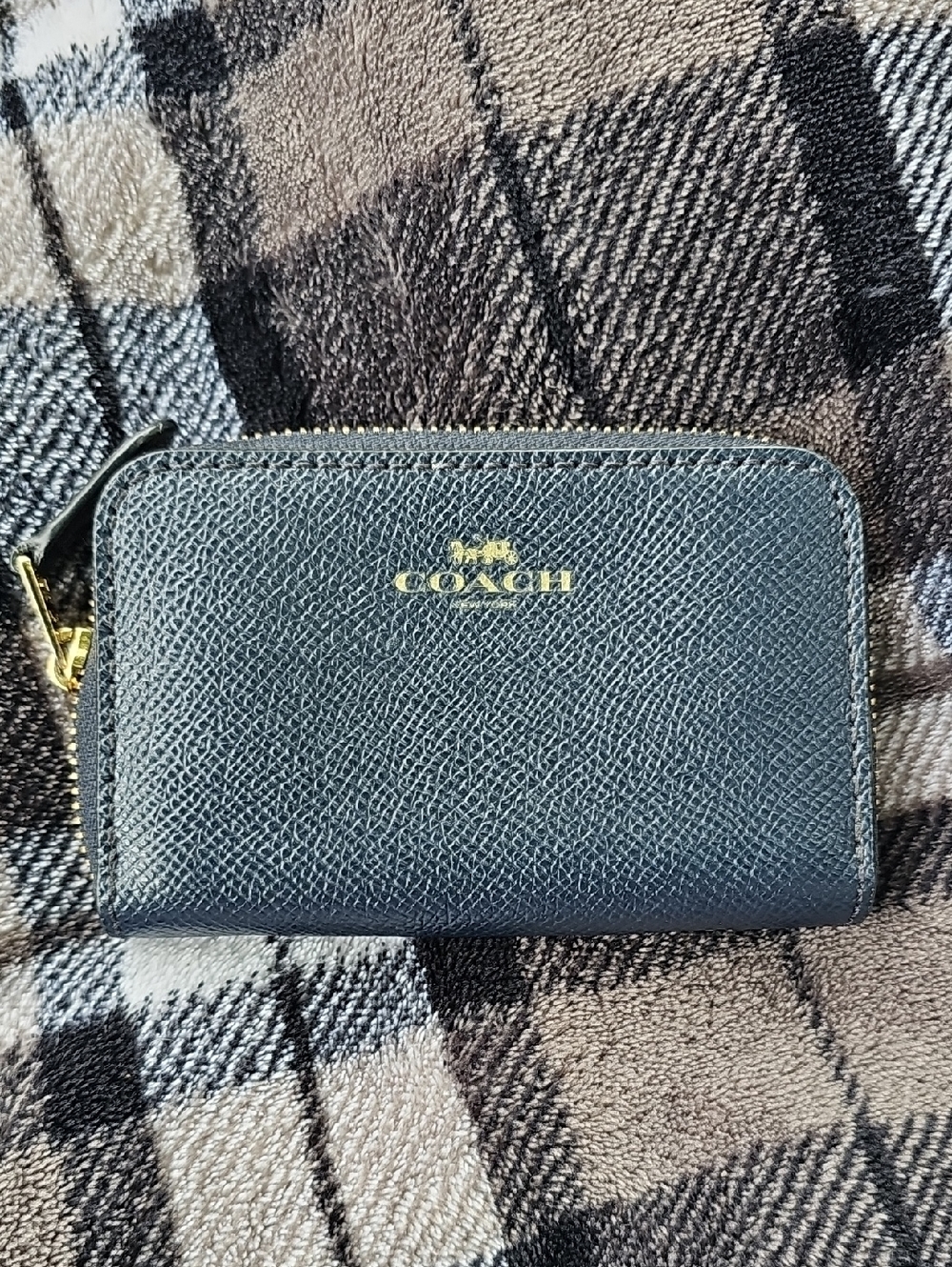 Coach Blue Saffiano Leather Zip Card Holder with Gold Logo (B)